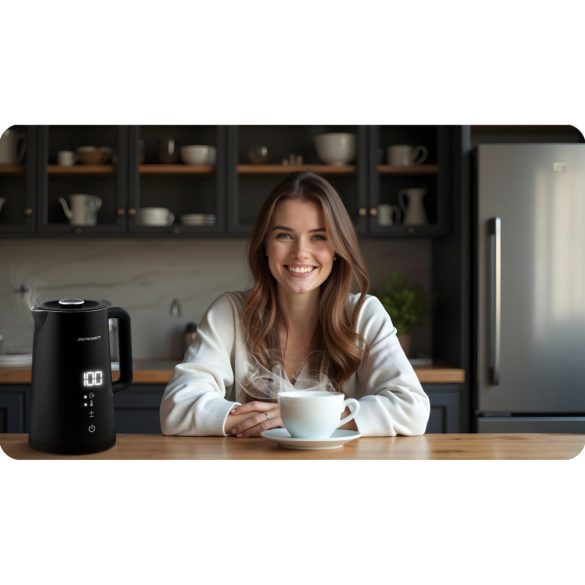 Vízforraló, Berdsen BD-709, 1700 ml, fekete, 1850-2200 W, duplafalú, érintőpaneles hőfokbeállítás, nem melegedő fogantyú, melegen tartás 2 óráig, 360°-os talp, hőmérővel