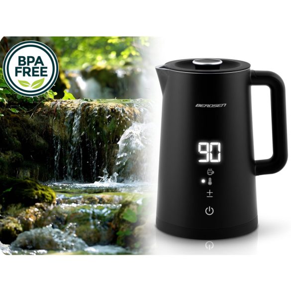 Vízforraló, Berdsen BD-709, 1700 ml, fekete, 1850-2200 W, duplafalú, érintőpaneles hőfokbeállítás, nem melegedő fogantyú, melegen tartás 2 óráig, 360°-os talp, hőmérővel