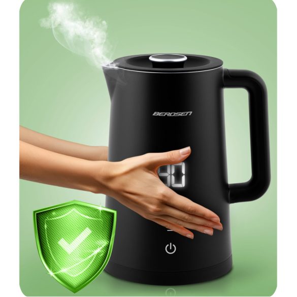 Vízforraló, Berdsen BD-709, 1700 ml, fekete, 1850-2200 W, duplafalú, érintőpaneles hőfokbeállítás, nem melegedő fogantyú, melegen tartás 2 óráig, 360°-os talp, hőmérővel