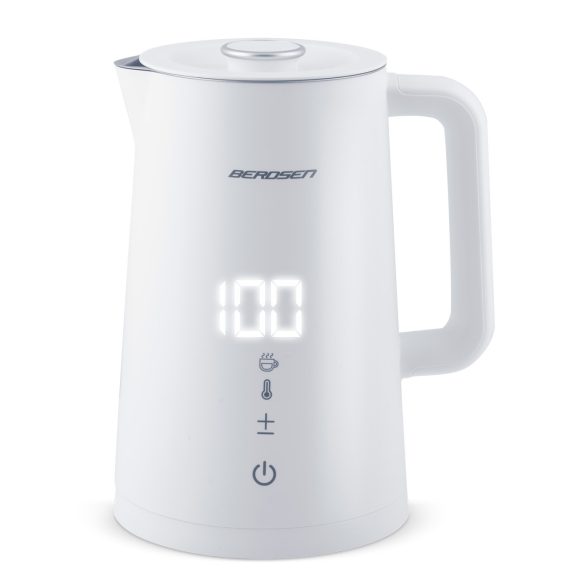Vízforraló, Berdsen BD-709, 1700 ml, fehér, 1850-2200 W, duplafalú, érintőpaneles hőfokbeállítás, nem melegedő fogantyú, melegen tartás 2 óráig, 360°-os talp, hőmérővel