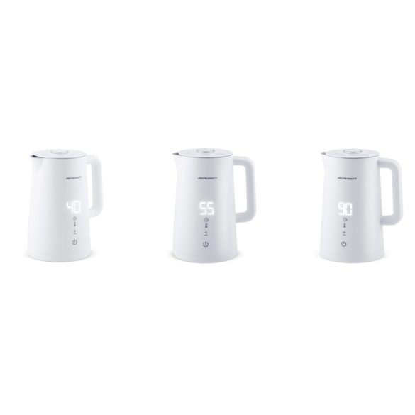 Vízforraló, Berdsen BD-709, 1700 ml, fehér, 1850-2200 W, duplafalú, érintőpaneles hőfokbeállítás, nem melegedő fogantyú, melegen tartás 2 óráig, 360°-os talp, hőmérővel