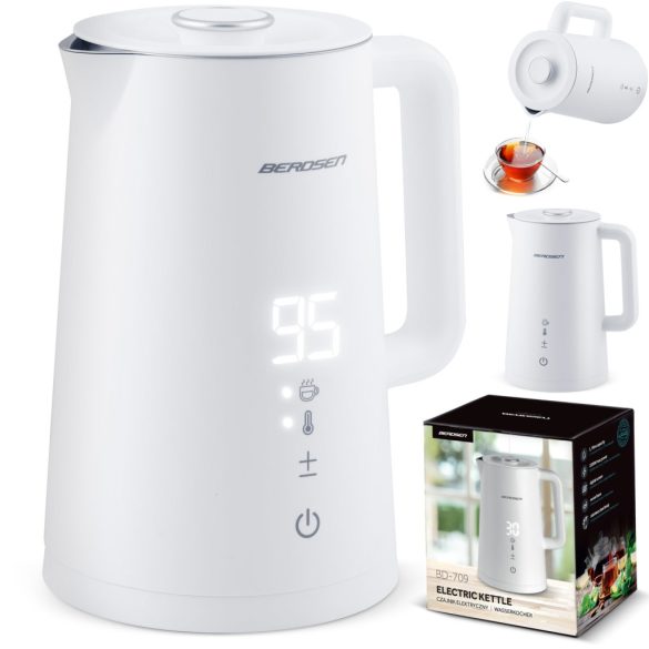 Vízforraló, Berdsen BD-709, 1700 ml, fehér, 1850-2200 W, duplafalú, érintőpaneles hőfokbeállítás, nem melegedő fogantyú, melegen tartás 2 óráig, 360°-os talp, hőmérővel
