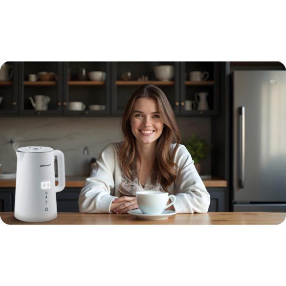 Vízforraló, Berdsen BD-709, 1700 ml, fehér, 1850-2200 W, duplafalú, érintőpaneles hőfokbeállítás, nem melegedő fogantyú, melegen tartás 2 óráig, 360°-os talp, hőmérővel