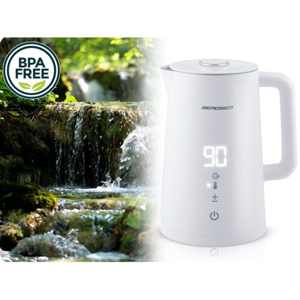 Vízforraló, Berdsen BD-709, 1700 ml, fehér, 1850-2200 W, duplafalú, érintőpaneles hőfokbeállítás, nem melegedő fogantyú, melegen tartás 2 óráig, 360°-os talp, hőmérővel