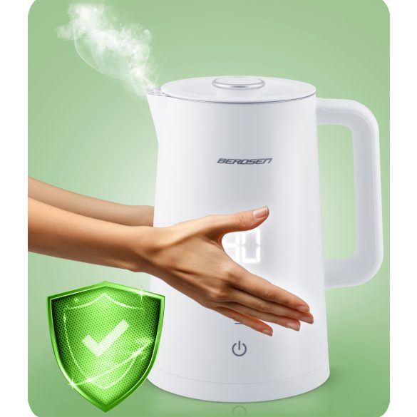 Vízforraló, Berdsen BD-709, 1700 ml, fehér, 1850-2200 W, duplafalú, érintőpaneles hőfokbeállítás, nem melegedő fogantyú, melegen tartás 2 óráig, 360°-os talp, hőmérővel