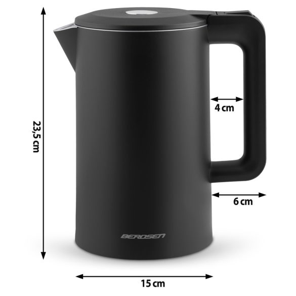 Vízforraló, Berdsen BD-710, 1700 ml, fekete, 1850-2200 W, duplafalú, szárazforralás elleni védelem, 360°-os talp, nem melegedő burkolat, kivehető vízkőszűrő