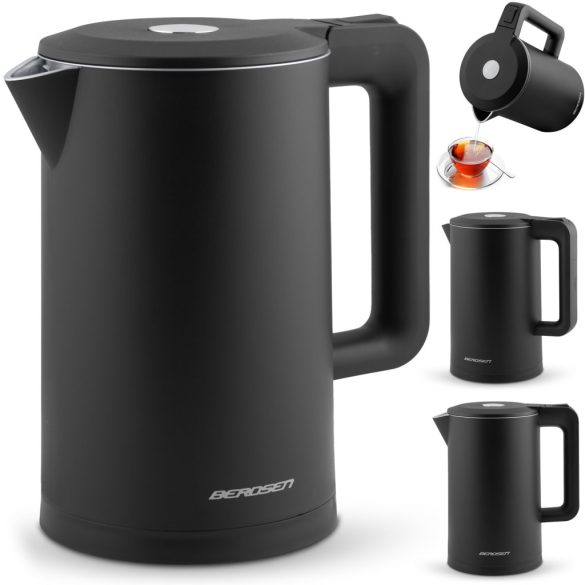Vízforraló, Berdsen BD-710, 1700 ml, fekete, 1850-2200 W, duplafalú, szárazforralás elleni védelem, 360°-os talp, nem melegedő burkolat, kivehető vízkőszűrő