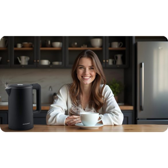 Vízforraló, Berdsen BD-710, 1700 ml, fekete, 1850-2200 W, duplafalú, szárazforralás elleni védelem, 360°-os talp, nem melegedő burkolat, kivehető vízkőszűrő