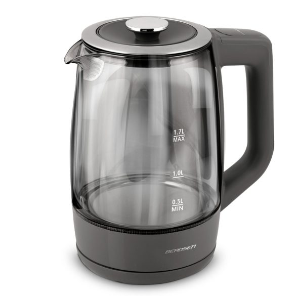 Vízforraló, Berdsen BD-711, 1700 ml, szürke, 1850-2200 W, érintőpaneles hőfokbeállítás, fém/üveg ház, 360°-os talp, szárazonforrás elleni védelem