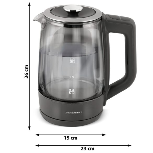 Vízforraló, Berdsen BD-711, 1700 ml, szürke, 1850-2200 W, érintőpaneles hőfokbeállítás, fém/üveg ház, 360°-os talp, szárazonforrás elleni védelem
