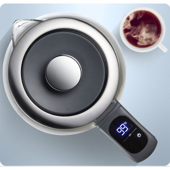 Vízforraló, Berdsen BD-711, 1700 ml, szürke, 1850-2200 W, érintőpaneles hőfokbeállítás, fém/üveg ház, 360°-os talp, szárazonforrás elleni védelem