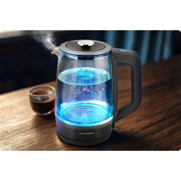 Vízforraló, Berdsen BD-711, 1700 ml, szürke, 1850-2200 W, érintőpaneles hőfokbeállítás, fém/üveg ház, 360°-os talp, szárazonforrás elleni védelem
