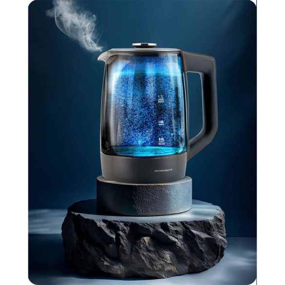 Vízforraló, Berdsen BD-711, 1700 ml, szürke, 1850-2200 W, érintőpaneles hőfokbeállítás, fém/üveg ház, 360°-os talp, szárazonforrás elleni védelem
