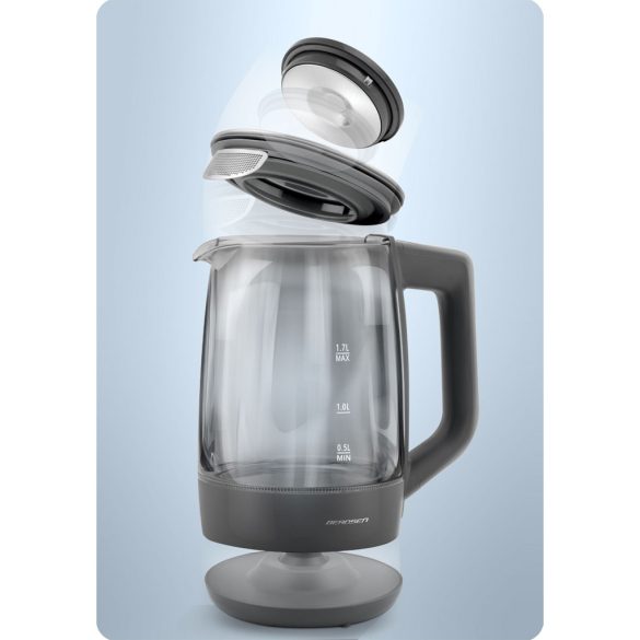 Vízforraló, Berdsen BD-711, 1700 ml, szürke, 1850-2200 W, érintőpaneles hőfokbeállítás, fém/üveg ház, 360°-os talp, szárazonforrás elleni védelem
