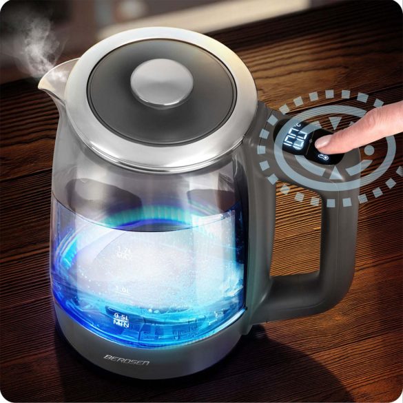 Vízforraló, Berdsen BD-711, 1700 ml, szürke, 1850-2200 W, érintőpaneles hőfokbeállítás, fém/üveg ház, 360°-os talp, szárazonforrás elleni védelem