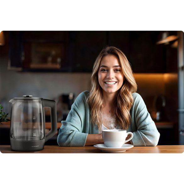 Vízforraló, Berdsen BD-711, 1700 ml, szürke, 1850-2200 W, érintőpaneles hőfokbeállítás, fém/üveg ház, 360°-os talp, szárazonforrás elleni védelem