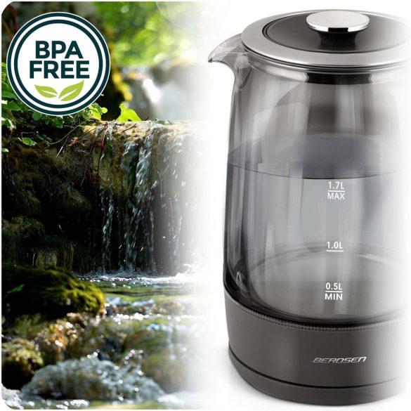Vízforraló, Berdsen BD-711, 1700 ml, szürke, 1850-2200 W, érintőpaneles hőfokbeállítás, fém/üveg ház, 360°-os talp, szárazonforrás elleni védelem