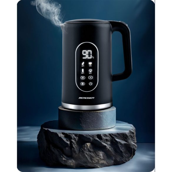 Vízforraló, Berdsen BD-712, 1700 ml, fekete-ezüst, 1850-2200 W, érintőpaneles hőfokbeállítás, fém ház, melegen tartás 3 óráig, duplafalú, 360°-os talp, hőmérővel