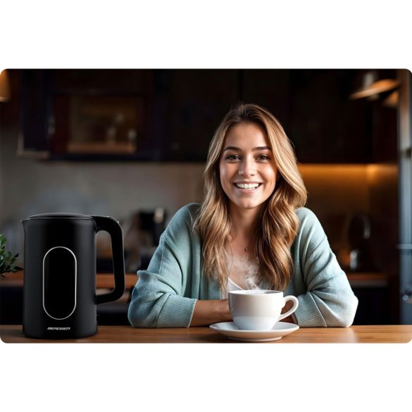 Vízforraló, Berdsen BD-712, 1700 ml, fekete-ezüst, 1850-2200 W, érintőpaneles hőfokbeállítás, fém ház, melegen tartás 3 óráig, duplafalú, 360°-os talp, hőmérővel