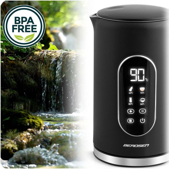 Vízforraló, Berdsen BD-712, 1700 ml, fekete-ezüst, 1850-2200 W, érintőpaneles hőfokbeállítás, fém ház, melegen tartás 3 óráig, duplafalú, 360°-os talp, hőmérővel