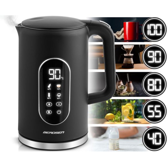 Vízforraló, Berdsen BD-712, 1700 ml, fekete-ezüst, 1850-2200 W, érintőpaneles hőfokbeállítás, fém ház, melegen tartás 3 óráig, duplafalú, 360°-os talp, hőmérővel