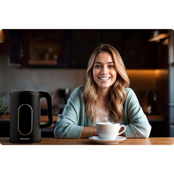 Vízforraló, Berdsen BD-712, 1700 ml, fekete-arany, 1850-2200 W, érintőpaneles hőfokbeállítás, fém ház, melegen tartás 3 óráig, duplafalú, 360°-os talp, hőmérővel