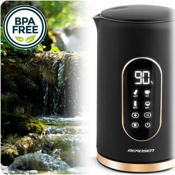 Vízforraló, Berdsen BD-712, 1700 ml, fekete-arany, 1850-2200 W, érintőpaneles hőfokbeállítás, fém ház, melegen tartás 3 óráig, duplafalú, 360°-os talp, hőmérővel