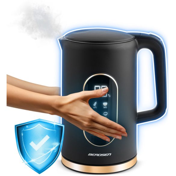 Vízforraló, Berdsen BD-712, 1700 ml, fekete-arany, 1850-2200 W, érintőpaneles hőfokbeállítás, fém ház, melegen tartás 3 óráig, duplafalú, 360°-os talp, hőmérővel