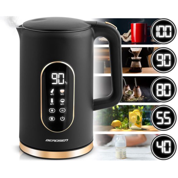 Vízforraló, Berdsen BD-712, 1700 ml, fekete-arany, 1850-2200 W, érintőpaneles hőfokbeállítás, fém ház, melegen tartás 3 óráig, duplafalú, 360°-os talp, hőmérővel