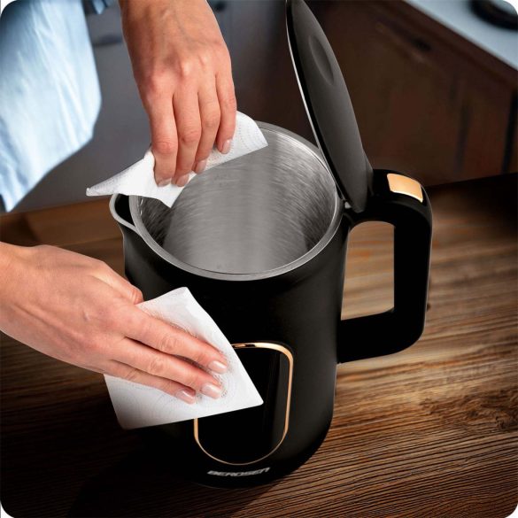 Vízforraló, Berdsen BD-712, 1700 ml, fekete-arany, 1850-2200 W, érintőpaneles hőfokbeállítás, fém ház, melegen tartás 3 óráig, duplafalú, 360°-os talp, hőmérővel