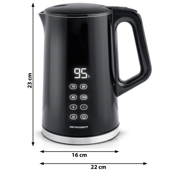 Vízforraló, Berdsen BD-713, 1700 ml, fekete-ezüst, 1850-2200 W, érintőpaneles hőfokbeállítás, duplafalú, acél ház, szárazonforrás elleni védelem, 360°-os talp, hőmérővel