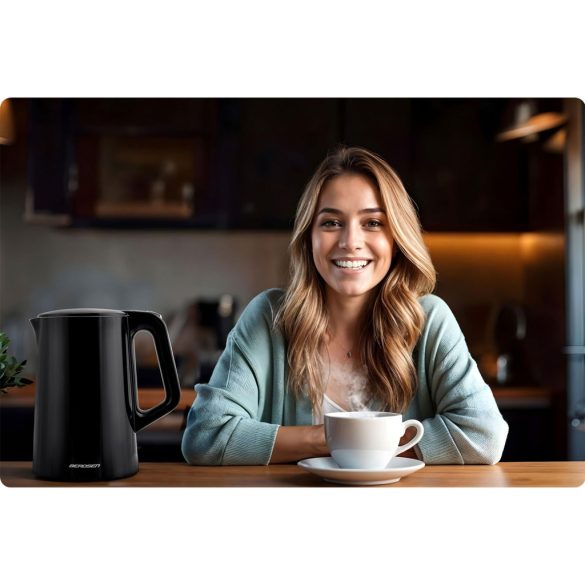 Vízforraló, Berdsen BD-713, 1700 ml, fekete-ezüst, 1850-2200 W, érintőpaneles hőfokbeállítás, duplafalú, acél ház, szárazonforrás elleni védelem, 360°-os talp, hőmérővel