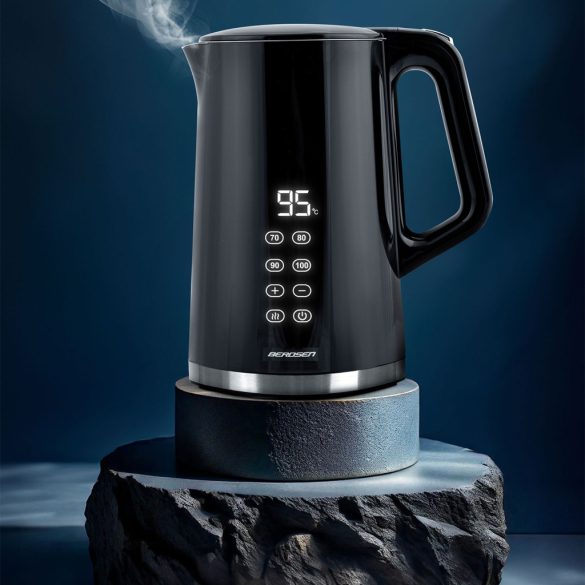 Vízforraló, Berdsen BD-713, 1700 ml, fekete-ezüst, 1850-2200 W, érintőpaneles hőfokbeállítás, duplafalú, acél ház, szárazonforrás elleni védelem, 360°-os talp, hőmérővel
