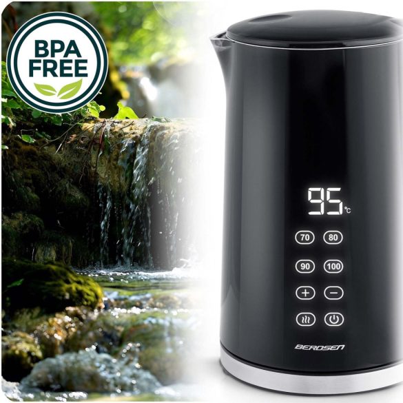 Vízforraló, Berdsen BD-713, 1700 ml, fekete-ezüst, 1850-2200 W, érintőpaneles hőfokbeállítás, duplafalú, acél ház, szárazonforrás elleni védelem, 360°-os talp, hőmérővel