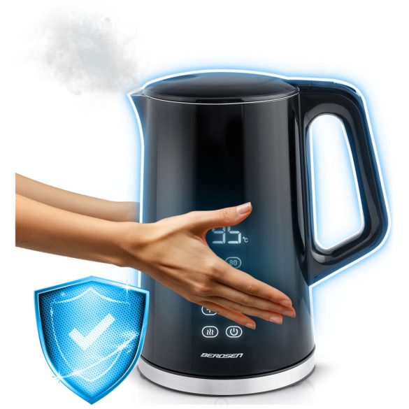 Vízforraló, Berdsen BD-713, 1700 ml, fekete-ezüst, 1850-2200 W, érintőpaneles hőfokbeállítás, duplafalú, acél ház, szárazonforrás elleni védelem, 360°-os talp, hőmérővel