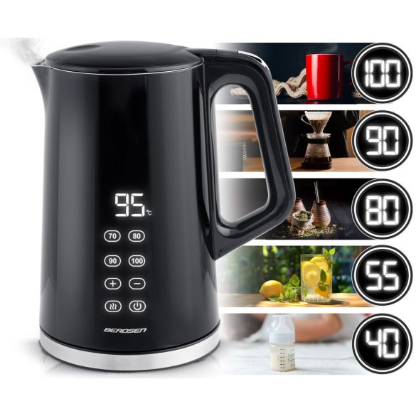 Vízforraló, Berdsen BD-713, 1700 ml, fekete-ezüst, 1850-2200 W, érintőpaneles hőfokbeállítás, duplafalú, acél ház, szárazonforrás elleni védelem, 360°-os talp, hőmérővel