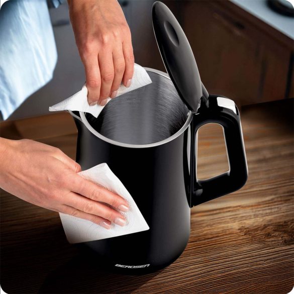 Vízforraló, Berdsen BD-713, 1700 ml, fekete-ezüst, 1850-2200 W, érintőpaneles hőfokbeállítás, duplafalú, acél ház, szárazonforrás elleni védelem, 360°-os talp, hőmérővel