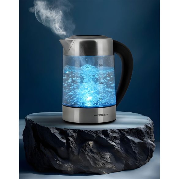 Vízforraló, Berdsen BD-714, 1700 ml, átlátszó, 1850-2200 W, érintőpaneles hőfokbeállítás, fém/üveg ház, szárazonforrás elleni védelem, 360°-os talp, hőmérővel