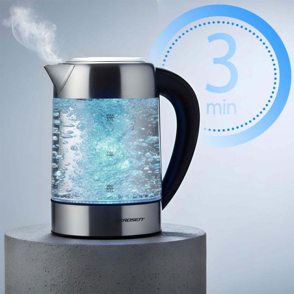 Vízforraló, Berdsen BD-714, 1700 ml, átlátszó, 1850-2200 W, érintőpaneles hőfokbeállítás, fém/üveg ház, szárazonforrás elleni védelem, 360°-os talp, hőmérővel
