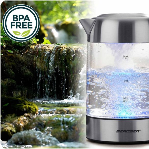 Vízforraló, Berdsen BD-714, 1700 ml, átlátszó, 1850-2200 W, érintőpaneles hőfokbeállítás, fém/üveg ház, szárazonforrás elleni védelem, 360°-os talp, hőmérővel