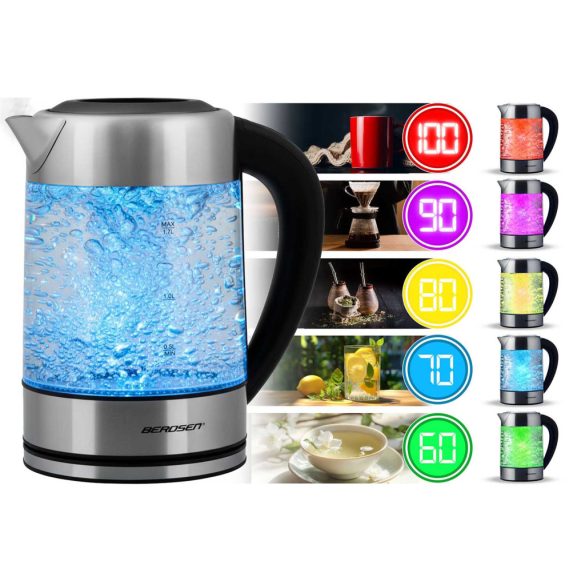 Vízforraló, Berdsen BD-714, 1700 ml, átlátszó, 1850-2200 W, érintőpaneles hőfokbeállítás, fém/üveg ház, szárazonforrás elleni védelem, 360°-os talp, hőmérővel