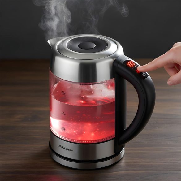 Vízforraló, Berdsen BD-714, 1700 ml, átlátszó, 1850-2200 W, érintőpaneles hőfokbeállítás, fém/üveg ház, szárazonforrás elleni védelem, 360°-os talp, hőmérővel