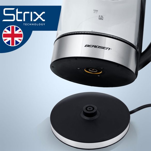 Vízforraló, Berdsen BD-714, 1700 ml, átlátszó, 1850-2200 W, érintőpaneles hőfokbeállítás, fém/üveg ház, szárazonforrás elleni védelem, 360°-os talp, hőmérővel