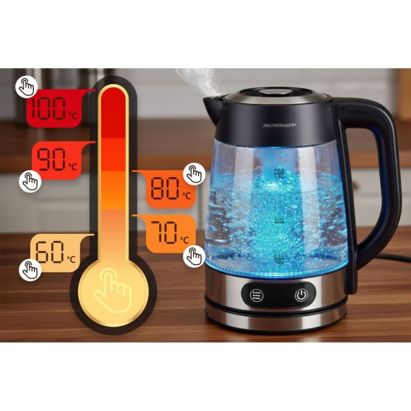 Vízforraló, Berdsen BD-715, 1800 ml, átlátszó, 1850-2200 W, érintőpaneles hőfokbeállítás, fém/üveg ház, szárazonforrás elleni védelem, 360°-os talp, hőmérővel