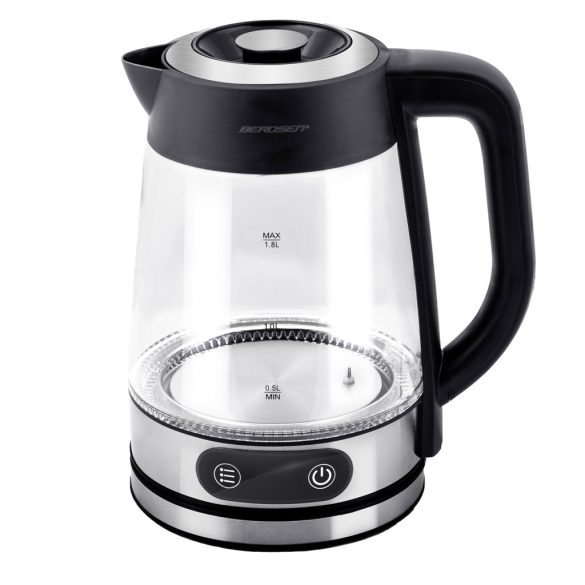 Vízforraló, Berdsen BD-715, 1800 ml, átlátszó, 1850-2200 W, érintőpaneles hőfokbeállítás, fém/üveg ház, szárazonforrás elleni védelem, 360°-os talp, hőmérővel
