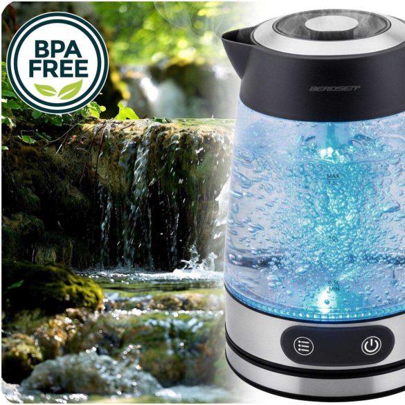 Vízforraló, Berdsen BD-715, 1800 ml, átlátszó, 1850-2200 W, érintőpaneles hőfokbeállítás, fém/üveg ház, szárazonforrás elleni védelem, 360°-os talp, hőmérővel