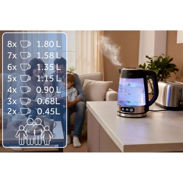 Vízforraló, Berdsen BD-715, 1800 ml, átlátszó, 1850-2200 W, érintőpaneles hőfokbeállítás, fém/üveg ház, szárazonforrás elleni védelem, 360°-os talp, hőmérővel