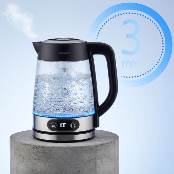Vízforraló, Berdsen BD-715, 1800 ml, átlátszó, 1850-2200 W, érintőpaneles hőfokbeállítás, fém/üveg ház, szárazonforrás elleni védelem, 360°-os talp, hőmérővel