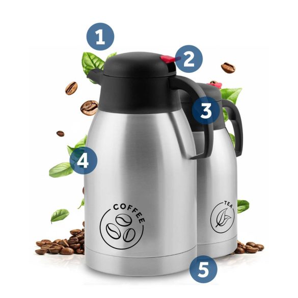 Termosz kancsó készlet, Berdsen BD-780, 2 x 2000 ml, 2 db, ezüst, rozsdamentes acél, duplafalú, meleg és hideg italokhoz, 12 órás hőmegtartás, kávéhoz és teához