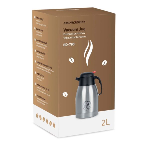 Termosz kancsó, Berdsen BD-780, 2000 ml, ezüst, rozsdamentes acél, duplafalú, meleg és hideg italokhoz, 12 órás hőmegtartás, kávéhoz